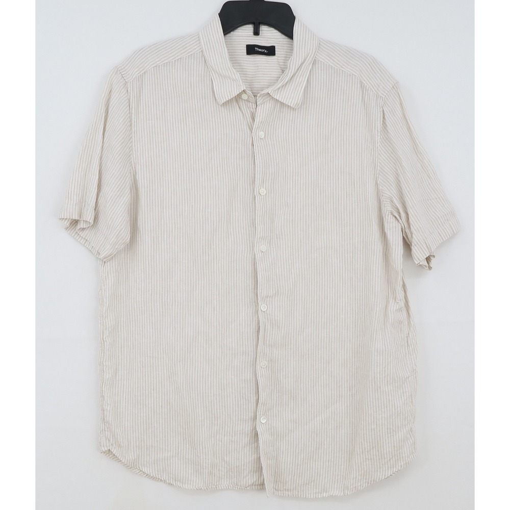 Theory Men Irving S TSLV OE Linen Short Sleeve Button Down Shirt Beige Stripe XL